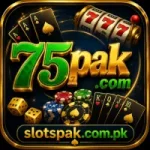 75pak Game APK logo with casino-style slot machine, playing cards, poker chips, and slotspak.com.pk branding for Android gaming app download 2026