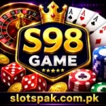 “S98 Game casino app featured image with poker chips, roulette wheel, dice, and slotspak.com.pk branding for Android gaming users”