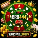 “Bro444 Game casino-style logo with green roulette wheel, gold coins, poker cards, dice, VIP badge, and Slotspak.com.pk branding for Android gaming app”
