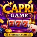 Capri Game featured image with slot machine, gold coins, poker chips, playing cards, purple casino background, and slotspak.com.pk domain name for Android gaming app 2026.