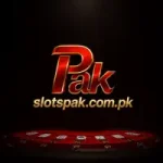 Pak New Game casino-style promotional image with red and gold Pak logo, poker table background, playing cards, and slotspak.com.pk domain branding.