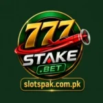 777Stake Game logo with slotspak.com.pk branding, green casino theme, gold 777 icon, and red airplane graphic for Android gaming app 2026