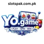 YO Game casino logo with slot machine icons, fruit symbols, and Play Spin Win banner on white background – slotspak.com.pk gaming brand image