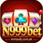 N999bet casino slot game icon with gold text, red background, slot machine symbols, and slotspak.com.pk domain at the bottom.