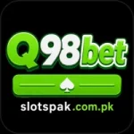 Q98Bet Game logo with green and white text, black background, and slotspak.com.pk domain at the bottom