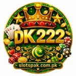 DK222 Game casino-style logo with poker cards, chips, dice, jackpot coin, and slotspak.com.pk domain