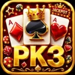 PK3 Game casino-style icon with playing cards, gold crown, poker chips, dice, jackpot sign, and large golden PK3 text.