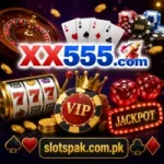 Casino-themed promotional graphic featuring the XX555.com logo in the center, surrounded by a roulette wheel, playing cards, poker chips, dice, a slot machine, VIP chip, jackpot sign, and the website name slotspak.com.pk displayed at the bottom.